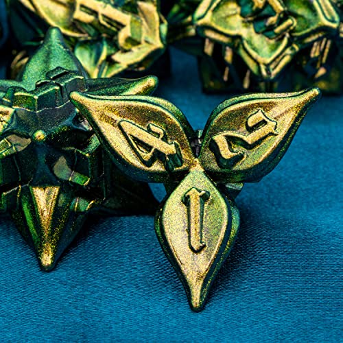 ARUOHHA DND Metal Dice Set Yellow Green Leaf Design Polyhedral Dice with Box, 7PCS D and D Dice RPG Role Playing Games D20 D12 D10 D8 D6 - color: Yellow Green