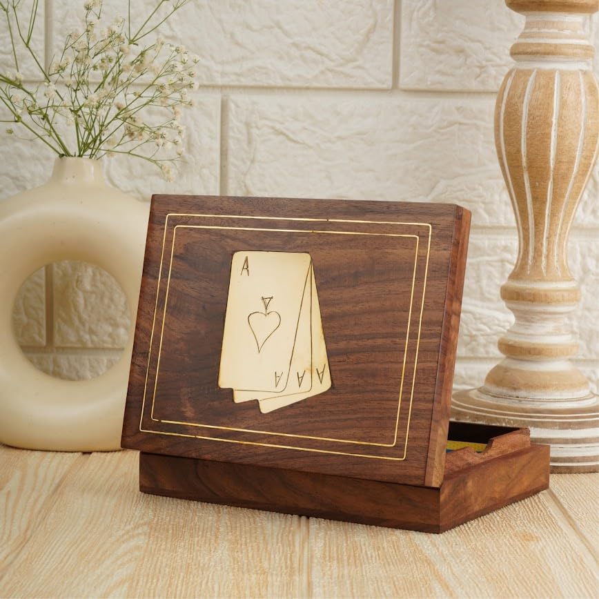 Ajuny Wooden Playing Card Box Brass Inlay Double Deck Set - 6x4.5x1.6 Inch | Poker and Bridge Accessory for Game Nights Travel and Entertaining Thoughtful Anniversary Wedding or Housewarming Present