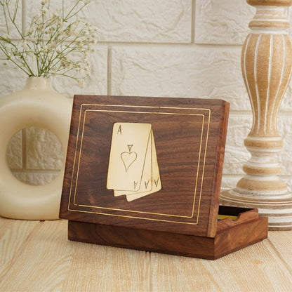 Ajuny Wooden Playing Card Box Brass Inlay Double Deck Set - 6x4.5x1.6 Inch | Poker and Bridge Accessory for Game Nights Travel and Entertaining Thoughtful Anniversary Wedding or Housewarming Present