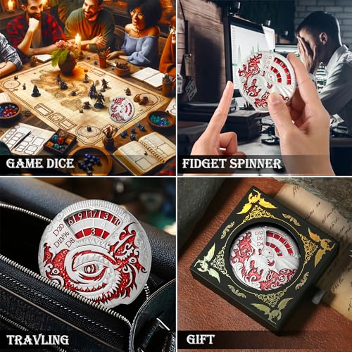DND Spinner Metal Dice Set DNDND 7-in-1 Spinner D&D Dice Set with Luxurious Gift Box for Dungeons and Dragon and Tabletop Game (Silver with Red) - color: Dragon Silver Red