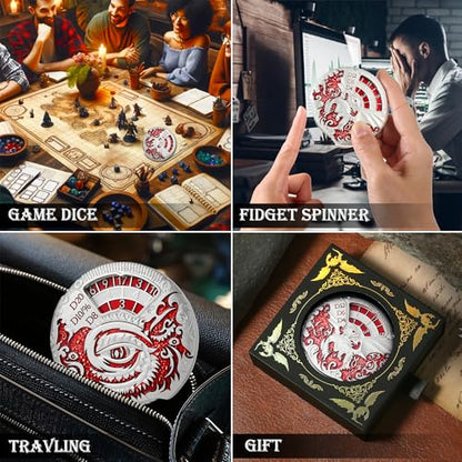 DND Spinner Metal Dice Set DNDND 7-in-1 Spinner D&D Dice Set with Luxurious Gift Box for Dungeons and Dragon and Tabletop Game (Silver with Red) - color: Dragon Silver Red