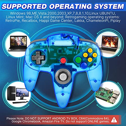 FISUPER Wired USB N64 Controller, Classic Video Game Controller USB Gamepad for Windows PC MAC Raspberry PI Retropie (Clear Blue) - color: Clear Blue