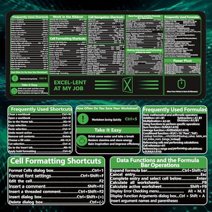 iCasso Excel Cheat Sheet Desk Pad, Excel Mouse Pad Shortcuts | Large Desk Mat,Extended XXL Non-Slip Exel Mousepad with Stitched Edges for Computer Keyboard - color: B-black Excel Shortcuts