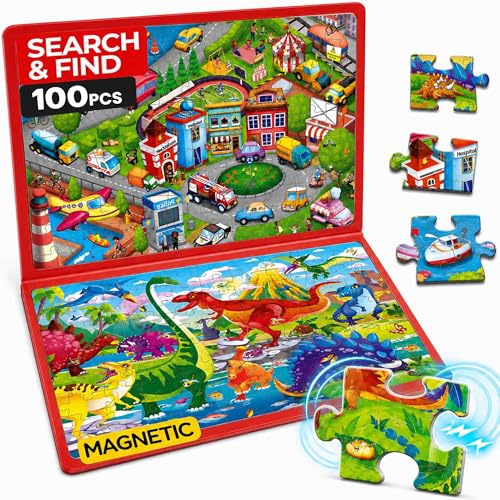 QUOKKA Magnetic Puzzles for Kids Ages 4-6 – 100 PCS Magnetic Puzzle Book for Toddlers 3-5 – 2 Puzzles & 2 Spot The Difference Maps – Search & Find Travel Games – Activity Book Dinos & City Cars - color: Dino 100pcs