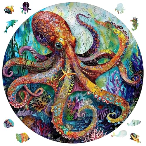 Reouinty Wooden Puzzle, Octopus Ocean Jigsaw Puzzles 200 Piece, Wood Adult Puzzle, Unique Animal Adult Puzzles Piece, Beautifl Wall Decor, Best Creative Gift for Family Game 11.2x11.2 in - color: Ocean Octopus, size: 200pcs