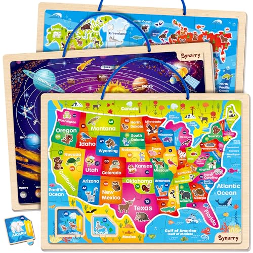SYNARRY Large USA World Solar System Wooden Magnetic Puzzles for Kids Ages 4-6, Wood Puzzles Educational Games Toys Easter Gifts for Toddlers, United States World Space Map for Boys Girls Ages 3-5 4-8 - style: Magnetic USA World Solar System