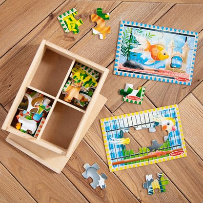 Melissa & Doug 4‑in‑1 Wooden Pets Jigsaw Puzzle Set, 48 Pieces with Storage Box, Toddler Puzzle Toy for Kids Ages 3+ - FSC Certified - style: Pets