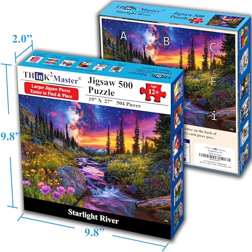 Think2Master Starry Mountain River 500 Pieces Large Format Jigsaw Puzzle: 13+, Teens, Adults & Families.Vibrant Starry Night & Milkyway Landscape with Flowers. Great Gift. Size: 26.8” X 18.9” - style: Starry Mountain River