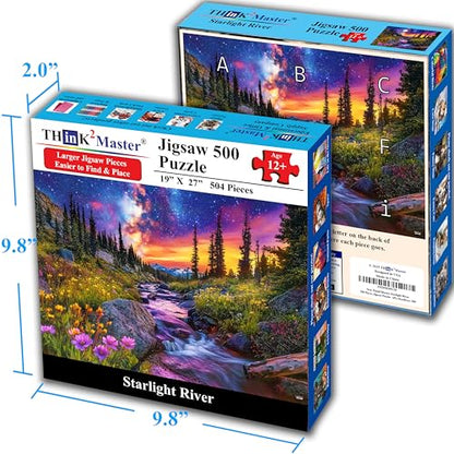 Think2Master Starry Mountain River 500 Pieces Large Format Jigsaw Puzzle: 13+, Teens, Adults & Families.Vibrant Starry Night & Milkyway Landscape with Flowers. Great Gift. Size: 26.8” X 18.9” - style: Starry Mountain River