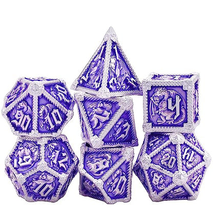 AUSTOR 7-Die Metal DND Dice Set Dungeons and Dragons Polyhedral Roll Playing Dice with Box D20 D12 D10 D% D8 D6 D4 for Pathfinder MTG RPG Board Games - color: Violet With Silver Edge