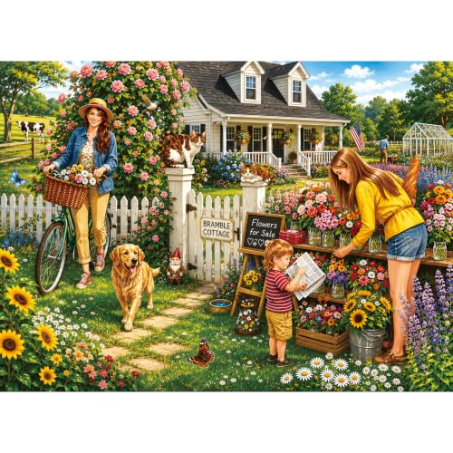 Jigsaw Puzzle 500 Pieces for Adults,Blooming Cottage Flowers Market Puzzle | Charming Country Garden Puzzle with Family,Dog and Cat,Challenge Family Activity,Unique Fun Gift for Puzzle Lovers 20.5x15 in - color: Cottage Garden