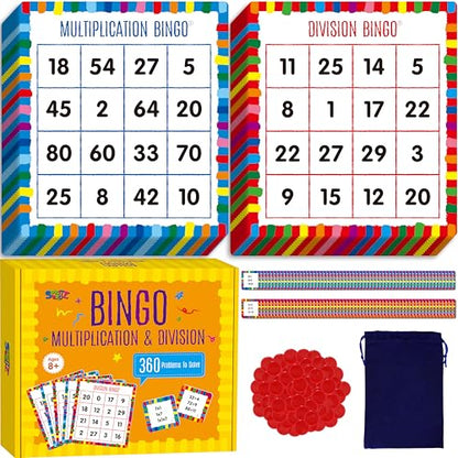 SpriteGru Multiplication & Division Bingo Game, 360 Math Problems, 2 Educational Math Board Game for Kindergarten and Preschool Kids, Perfect for Classroom & At Home - style: Multiplication & Division Bingo Game