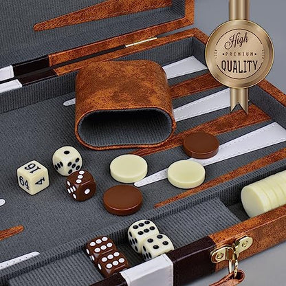 Large Backgammon Sets for Adults - Classic Board Games for 2 Players Adults and Kids - Premium Backgammon Set 15 inch Board and 32 Backgammon Pieces in Quality PU Leather Case - Gift for Man - style: Premium Brown