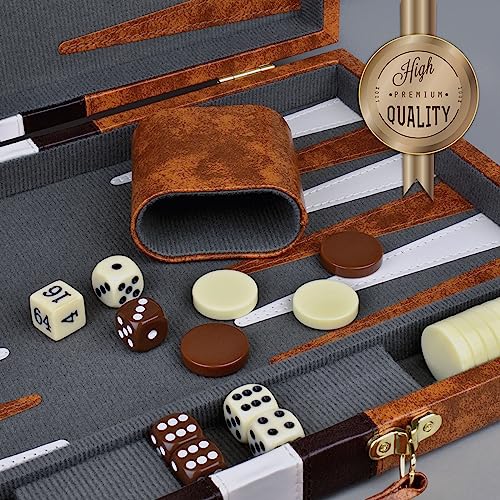 Large Backgammon Sets for Adults - Classic Board Games for 2 Players Adults and Kids - Premium Backgammon Set 15 inch Board and 32 Backgammon Pieces in Quality PU Leather Case - Gift for Man - style: Premium Brown