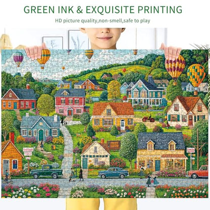 Puzzles for Adults 1000 Pieces, Happy Town Jigsaw Puzzle with 1:1 HD Poster, Perfect Interlocking No Dust, Stress Relief Ideal Gift for Family Games - color: Happy Town