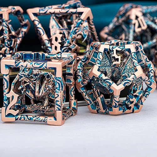 ARUOHHA Hollow DND Dice Set Copper Blue 5-Headed Dragons D and D Dice with Gift Box, Role Playing Games 7PCS Metal RPG Dungeons Polyhedral Dice D20 D12 D10 D8 D6 D4 - color: Copper Blue-02