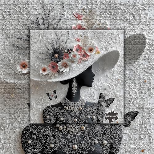 Impossible Puzzles for Adults 1000 Pieces,PICKFORU Floral Muse Puzzle Elegant Lady,Beauty Flower Woman Puzzle Black and White Pearl,Hard Challenge Jigsaw Puzzles Aesthetic - style: Floral Muse Puzzle