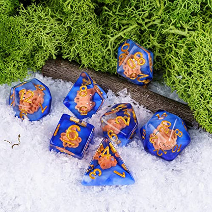 UDIXI Octopus DND Dice Set, Resin Blue D&D Dice for RPG Role Palying Games | Velvet Storage Bag, DM Gift, for Dungeons and Dragons Tabletop Games Board Games - color: Ocean/Octopus