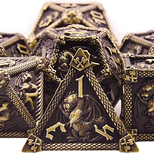 AUSTOR 7-Die Metal DND Dice Set Dungeons and Dragons Polyhedral Roll Playing Dice with Box D20 D12 D10 D% D8 D6 D4 for Pathfinder MTG RPG Board Games - color: Antique Bronze