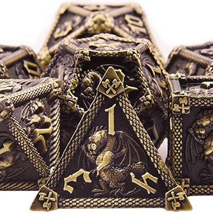 AUSTOR 7-Die Metal DND Dice Set Dungeons and Dragons Polyhedral Roll Playing Dice with Box D20 D12 D10 D% D8 D6 D4 for Pathfinder MTG RPG Board Games - color: Antique Bronze