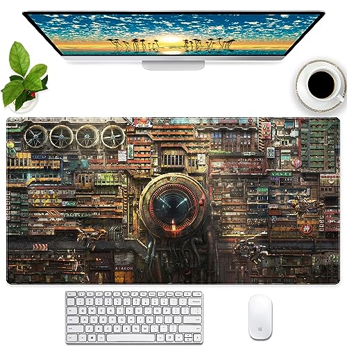 Cyberpunk Mech Desk Mat, Sci-Fi City Large Gaming Mouse Pad | Industrial steampunk city desk pad with thick 3mm cushion, smooth cloth top, and anti-slip backing. - color: Futuristic Art