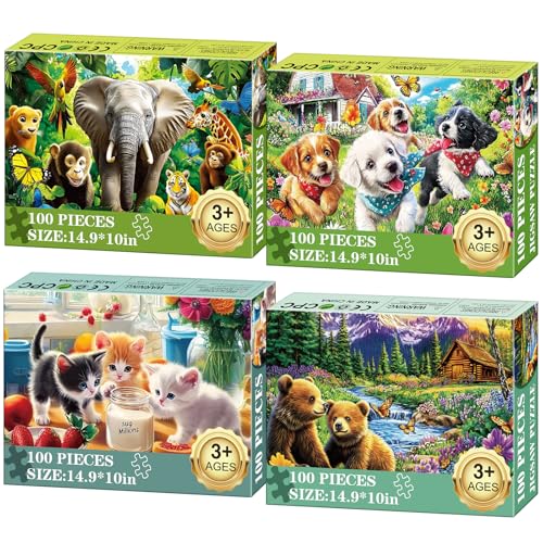 4-Pack 100 Piece Puzzles for Kids Ages 6-8 8-10 - Large Piece Puzzles for Adults Seniors Kids, Dogs Cats Bears Animals Jigsaw Puzzles for Kids Ages 4-6,Learning Educational Toys Gifts for Boys Girls - color: Dogs Cats Bears