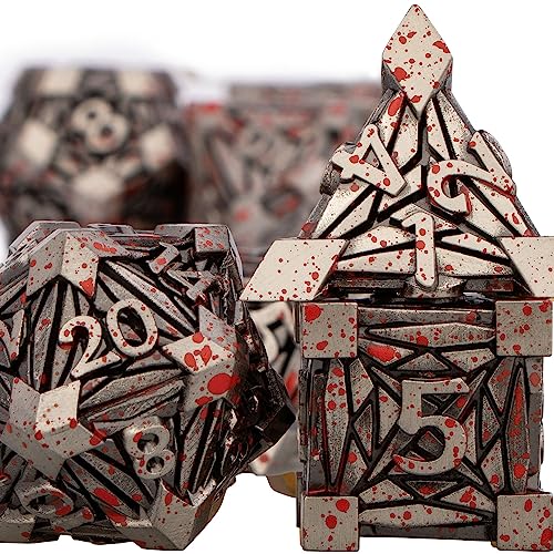 7PCS Metal DND Dice Set with Box, Debris RPG Blood Spatter D and D Dice for use with D&D Tabletop Games Role Playing Game Polyhedral Dice Set D20 D12 D10 D8 D6 D4 - color: Blood Spatter