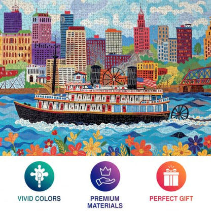 Cross & Glory | Jigsaw Puzzles for Adults | Queen City Paddle Wheel | Landscape Puzzles for Adults | Satin Finish | Ages 14+ - color: Queen City Adventure - River