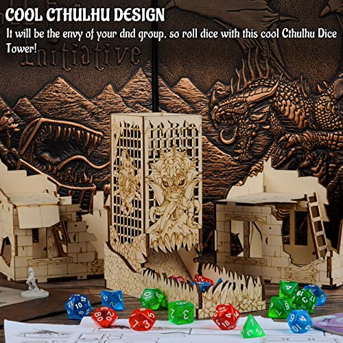CZYY Cthulhu Dice Tower, Foldable Wooden Dice Roller with Tray | Laser-Cut Birch Plywood, Folding Design, Sea Monster Artwork, For Board Games & RPG Nights