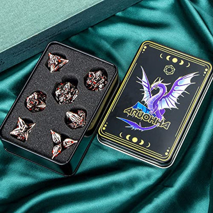 ARUOHHA DND Metal Dice Set Blood Leaf Design Polyhedral Dice with Box, 7PCS D and D Dice RPG Role Playing Games D20 D12 D10 D8 D6 D4 ﻿ - color: Leaves - Blood Splatter 1