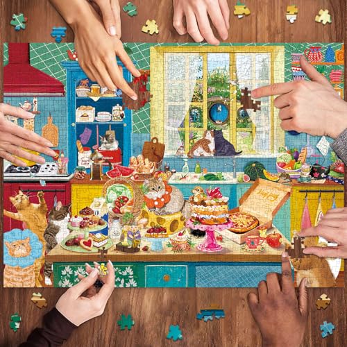 1000 piece Puzzle for Adults,Kitchen Jigsaw Puzzle 1000 Pieces for Adults,Challenging Family Games Holiday Party Gifts -1:1 Poster Interlock Perfectly Letter on Back-Cat Kitchen - color: Cat Kitchen