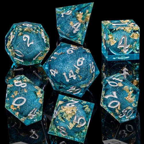 ARUOHHA Liquid Core DND Dice Set, 7pcs Resin Sharp Edged Dragons Dice RPG Role Playing Games, Silver Numbers Blue Dungeons Polyhedral Dice with Gift Box D20 D12 D10 D8 D6 D4 - color: Silver Blue