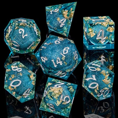 ARUOHHA Liquid Core DND Dice Set, 7pcs Resin Sharp Edged Dragons Dice RPG Role Playing Games, Silver Numbers Blue Dungeons Polyhedral Dice with Gift Box D20 D12 D10 D8 D6 D4 - color: Silver Blue