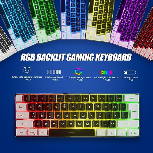 abucow 60% Percent Gaming Keyboard Minimalist Portable Wired Ultra-Compact Mini Imitation 61 Keys RGB Backlit Keyboard (Black-White) - style: Black-white