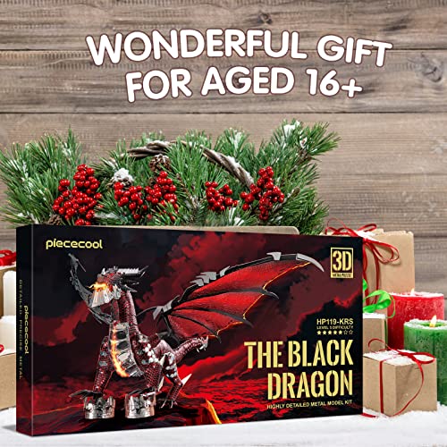 Piececool Black Dragon King 3D Metal Model Building Kits with DIY Tools Set, Challenging 3D Metal Puzzles for Family Time, Great Christmas Birthday New Year Gifts - color: Black Dragon King With Tool