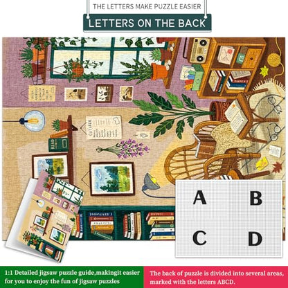 1000 Piece Jigsaw Puzzles for Adults, Reading Nook Puzzle with 1:1 HD Poster, Precise Interlocking, Letter Markings on Back, Dust-Free, Stress Relief & Ideal Family Game Gift - color: Reading Nook