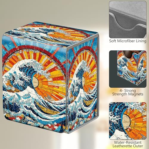 Card Deck Box, Card Storage Box Fits 100+ Single Sleeved Cards, Large Capacity PU Leather Card Storage Box with Strong Magnet for Magic Commander TCG/CCG, Japanese Wave - color: Japanese Wave