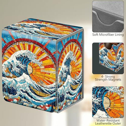 Card Deck Box, Card Storage Box Fits 100+ Single Sleeved Cards, Large Capacity PU Leather Card Storage Box with Strong Magnet for Magic Commander TCG/CCG, Japanese Wave - color: Japanese Wave