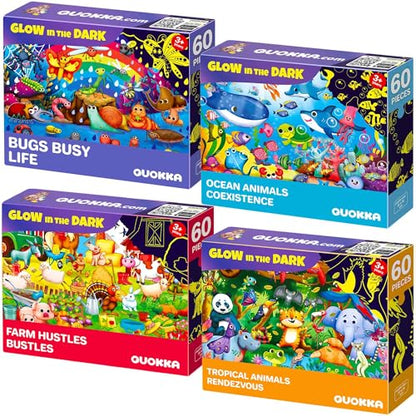 4 x 60 Piece Puzzles for Kids Ages 4-6 - Educational Kids Puzzles Ages 4-8 | Glow-in-the-Dark - Farm Bugs, Tropical and Ocean Animals - Toddler Puzzle - Learning Kids Games Ages 4-8 - Gift for Children - color: 4x60 Bugs