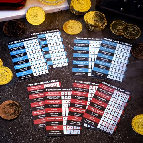 Booson 8Pcs Poker Hand Rankings Chart Rules Plastic Cheat Sheet Cards Reusable Hands Ranking Guide Card for Beginners Texas Hold Game Table Accessories - color: Red and Blue