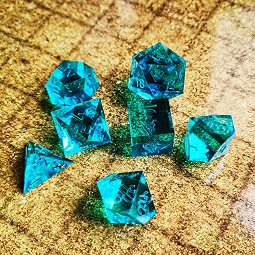 Bescon Crystal Clear (Unpainted) Sharp Edge DND Dice Set of 7, Razor Edged Polyhedral D&D Dice Set for Dungeons and Dragons Role Playing Games, Aquamarine Color - color: Aquamarine