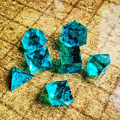 Bescon Crystal Clear (Unpainted) Sharp Edge DND Dice Set of 7, Razor Edged Polyhedral D&D Dice Set for Dungeons and Dragons Role Playing Games, Aquamarine Color - color: Aquamarine