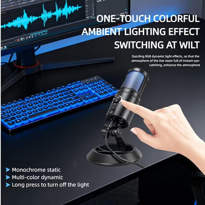 USB Gaming Condenser Microphone with RGB Light, One-Touch Mute, Volume Control, Desktop Stand, for PS4/PS5 and PC