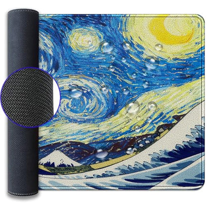 Starry Night & Great Wave Large Mouse Pad, 27.5x11.8in Art Painting Fusion Extended Desk Mat with Stitched Edges, Non-Slip Waterproof Rubber Base for Office, Computer & Laptop - color: Starry Night Waves