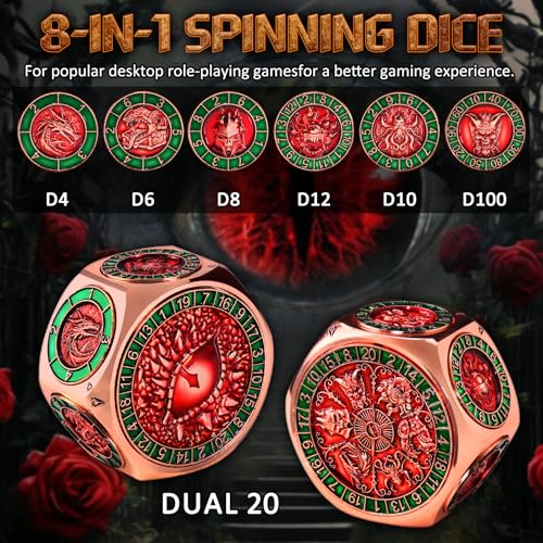 ZHOORQI 8-in-1 DND Dice Set – Metal Spinner Dice with Dual D20, 3D Monster Engravings & Smooth Spinning – Perfect for TTRPG, D and D Dungeons and Dragons Gifts(Copper Red) - color: Copper Red