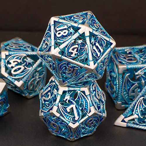 KERWELLSI Hollow DND Dice Set D&D with Gifts Box, 7pcs Polyhedral Metal D and D Dice for Role Playing Game, Dungeon Dragon Dice D20 D12 D10 D8 D6 D4 (Blue) - color: Blue