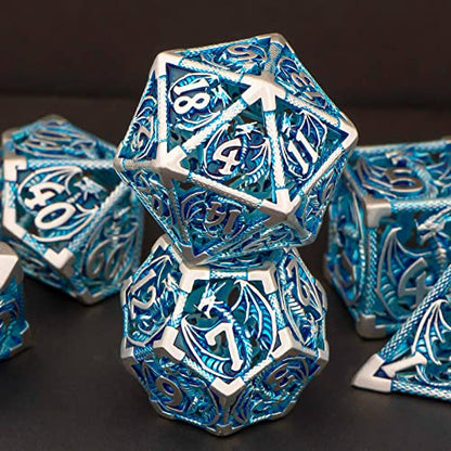 KERWELLSI Hollow DND Dice Set D&D with Gifts Box, 7pcs Polyhedral Metal D and D Dice for Role Playing Game, Dungeon Dragon Dice D20 D12 D10 D8 D6 D4 (Blue) - color: Blue