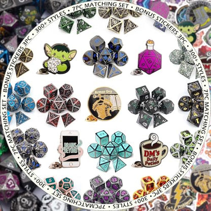 Haxtec Mystery Metal DND Dice Set 7pcs Polyhedral Dice + 3 Funny Waterproof Stickers + 1 Enamel Pin, Metal Dice for Dungeons & Dragons, Possible Hollow Dice, Great DND Gift, No Duplicates in 2/5 Packs - style: Metallic + Pin