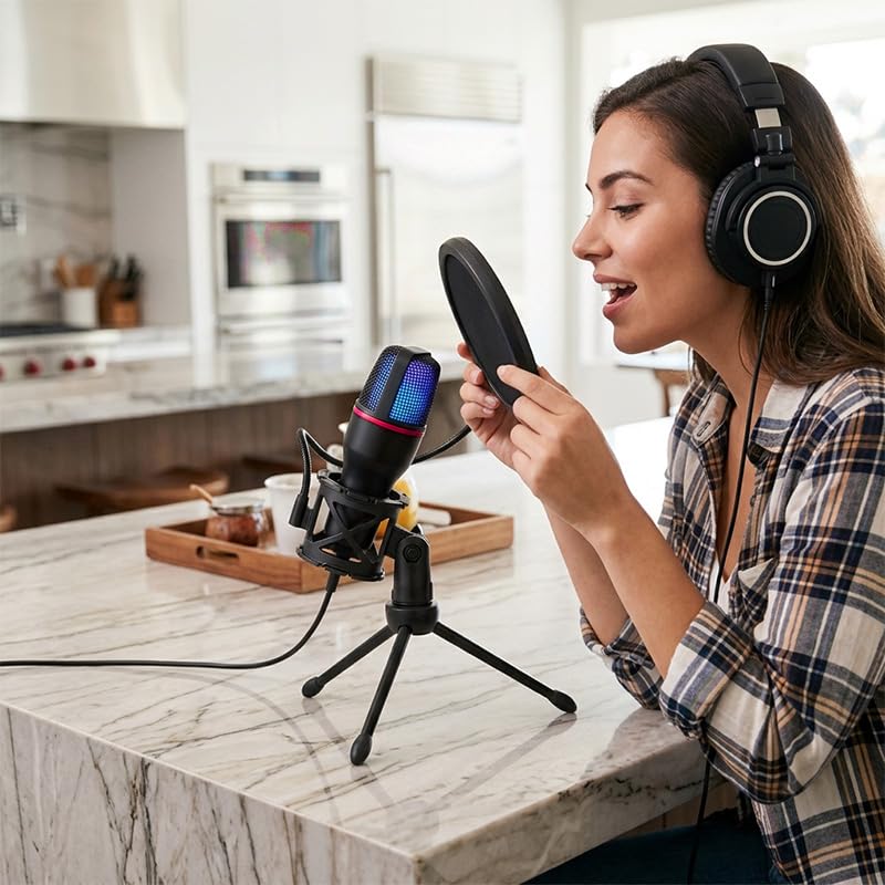 USB Microphone with USB and 3.5mm Interface, Plug and Play Mic with RGB Light and Tripod for Streaming, Gaming, Recording, and Podcast on Desktop Laptop