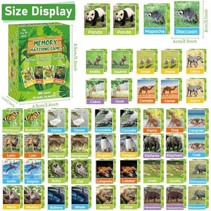 gisgfim 100 PCS Memory Matching Games Spanish English Bilingual Animal Memory Matching Games Educational Game for Kids and Adults A Fun & Fast Animal Game Toddlers Preschool Family Board Gift - style: Spanish English Bilingual Animal